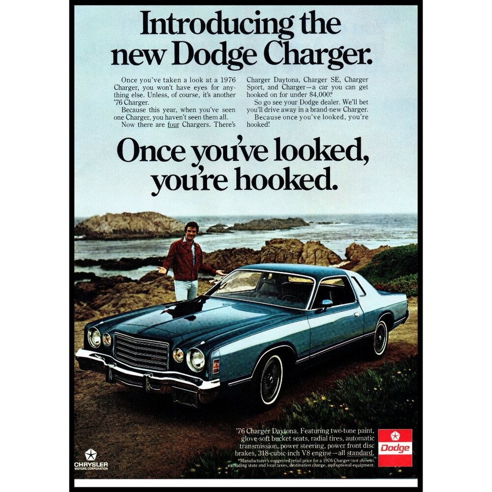 1976 Dodge Charger Daytona Coupe Vintage Print Ad Rocky Coast Shore Wall Art